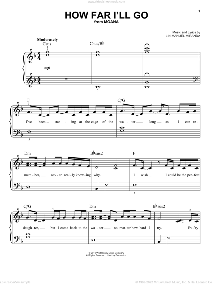 How Far I'll Go (from Moana) sheet music for piano solo by Lin-Manuel Miranda, Alessia Cara and Mark Mancina, easy skill level