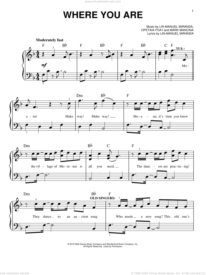 Where You Are (from Moana), (easy) sheet music for piano solo by Lin-Manuel Miranda and Mark Mancina, easy skill level
