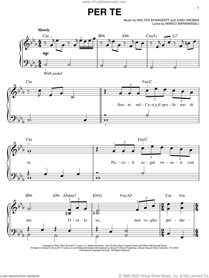 Per Te sheet music for piano solo by Josh Groban, Marco Marinangeli and Walter Afanasieff, easy skill level