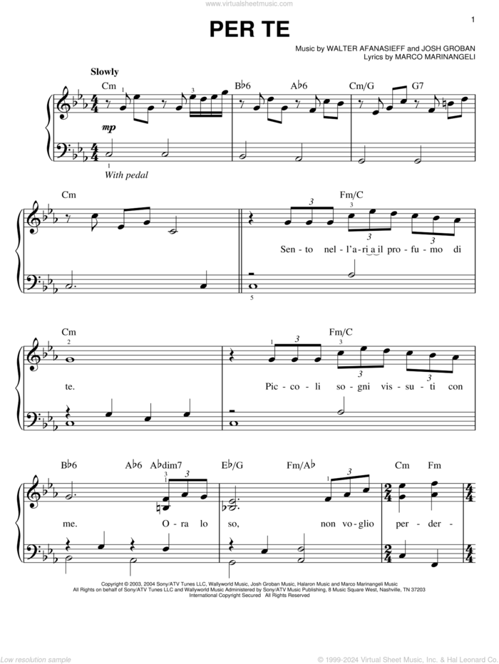 Per Te sheet music for piano solo by Josh Groban, Marco Marinangeli and Walter Afanasieff, easy skill level