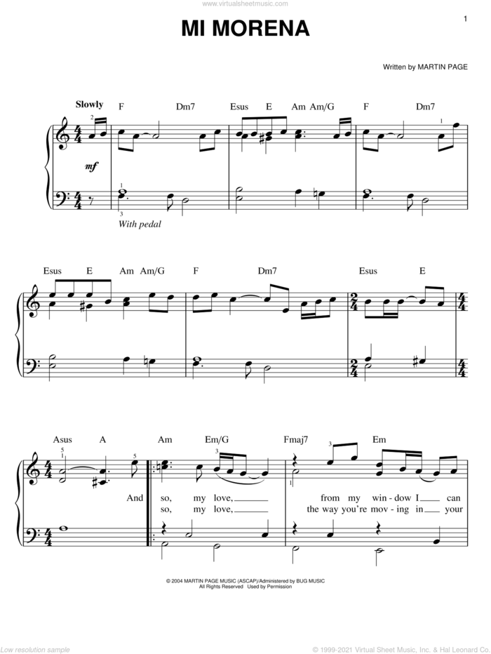 Mi Morena sheet music for piano solo by Josh Groban and Martin George Page, easy skill level