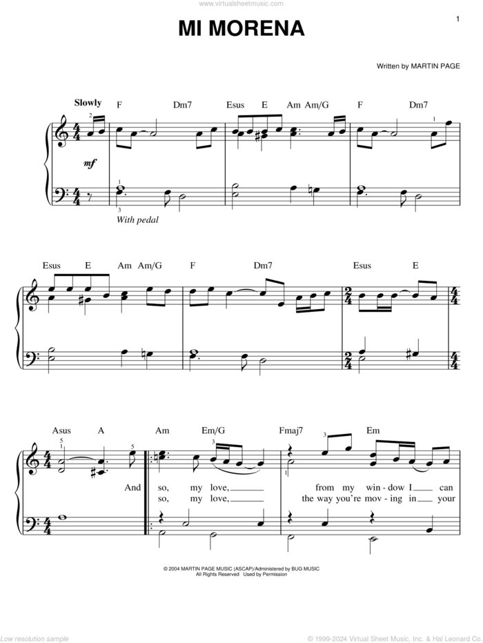 Mi Morena sheet music for piano solo by Josh Groban and Martin George Page, easy skill level