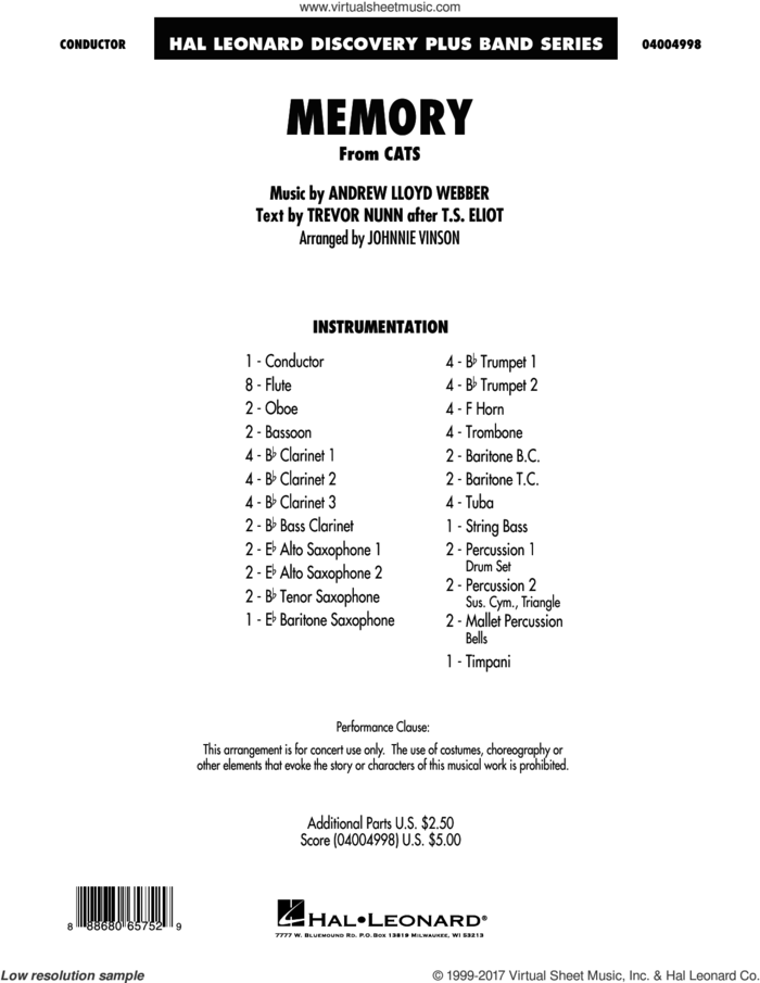 Memory (from Cats) (arr. Johnnie Vinson) (COMPLETE) sheet music for concert band by Andrew Lloyd Webber, Barbra Streisand, Johnnie Vinson and Trevor Nunn, intermediate skill level