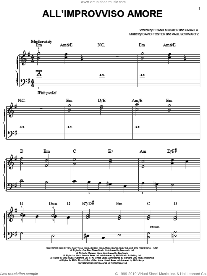 All 'Improvviso Amore sheet music for piano solo by Josh Groban, David Foster, Frank Musker, Kaballa and Paul Schwartz, easy skill level