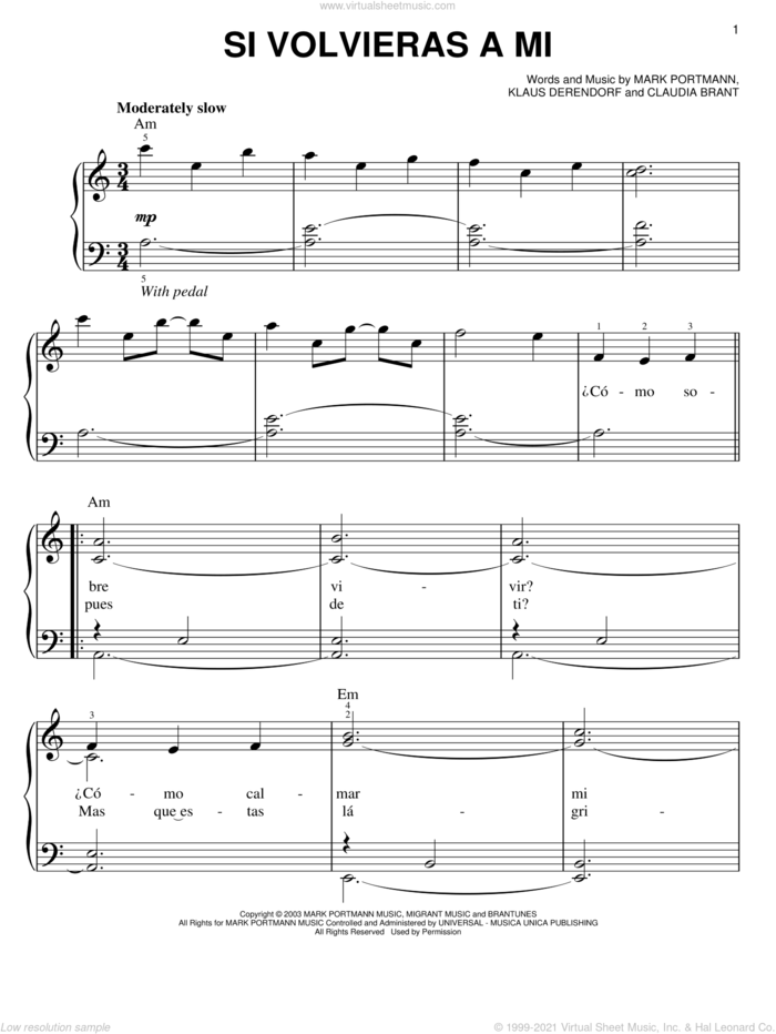 Si Volvieras A Mi sheet music for piano solo by Josh Groban, Claudia Brant, Klaus Derendorf and Mark Portmann, easy skill level