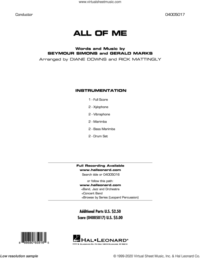All of Me (COMPLETE) sheet music for concert band by John Legend, Diane Downs, Gerald Marks, Rick Mattingly and Seymour Simons, intermediate skill level