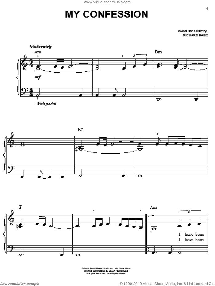 My Confession sheet music for piano solo by Josh Groban and Richard Page, easy skill level