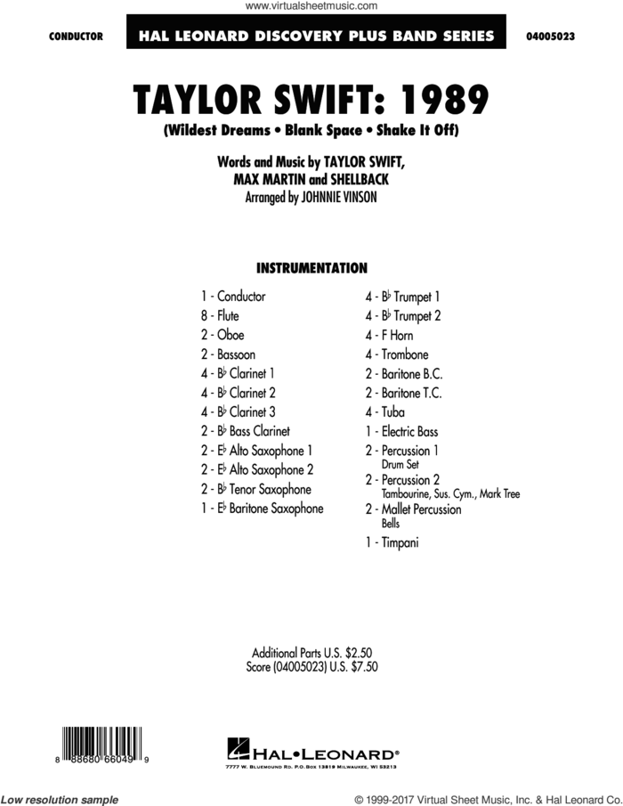 Taylor Swift: 1989 (COMPLETE) sheet music for concert band by Taylor Swift and Johnnie Vinson, intermediate skill level