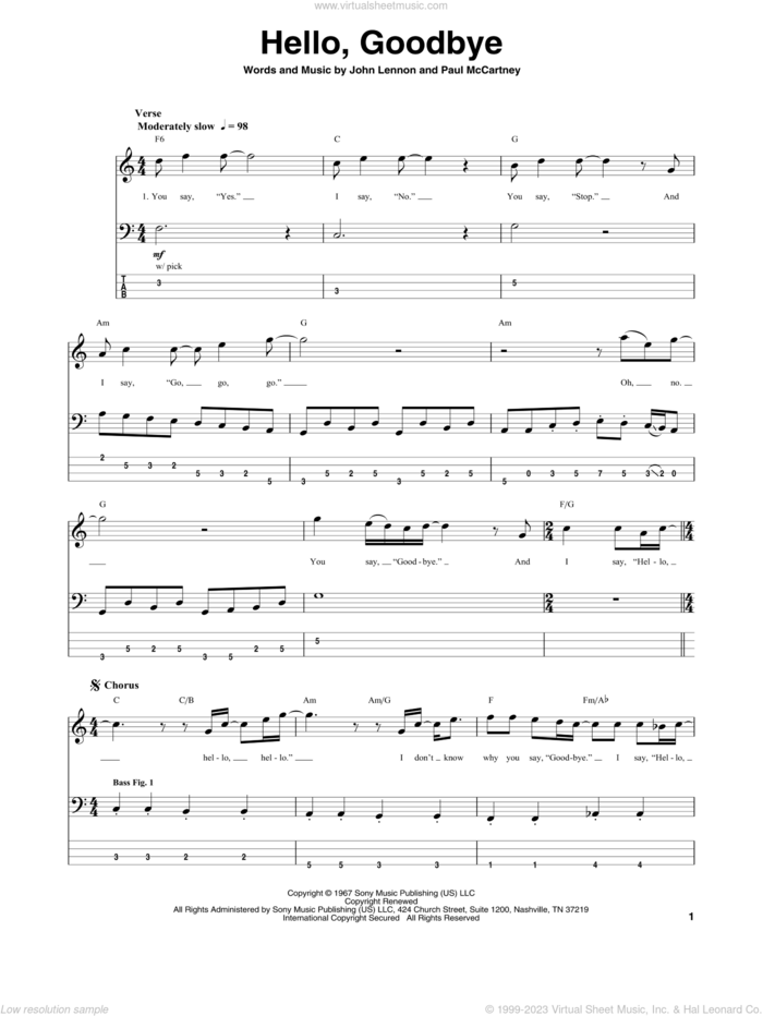 Hello, Goodbye sheet music for bass (tablature) (bass guitar) by The Beatles, John Lennon and Paul McCartney, intermediate skill level