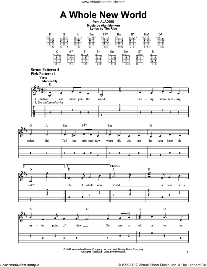 A Whole New World (from Aladdin) sheet music for guitar solo (easy tablature) by Tim Rice and Alan Menken, easy guitar (easy tablature)