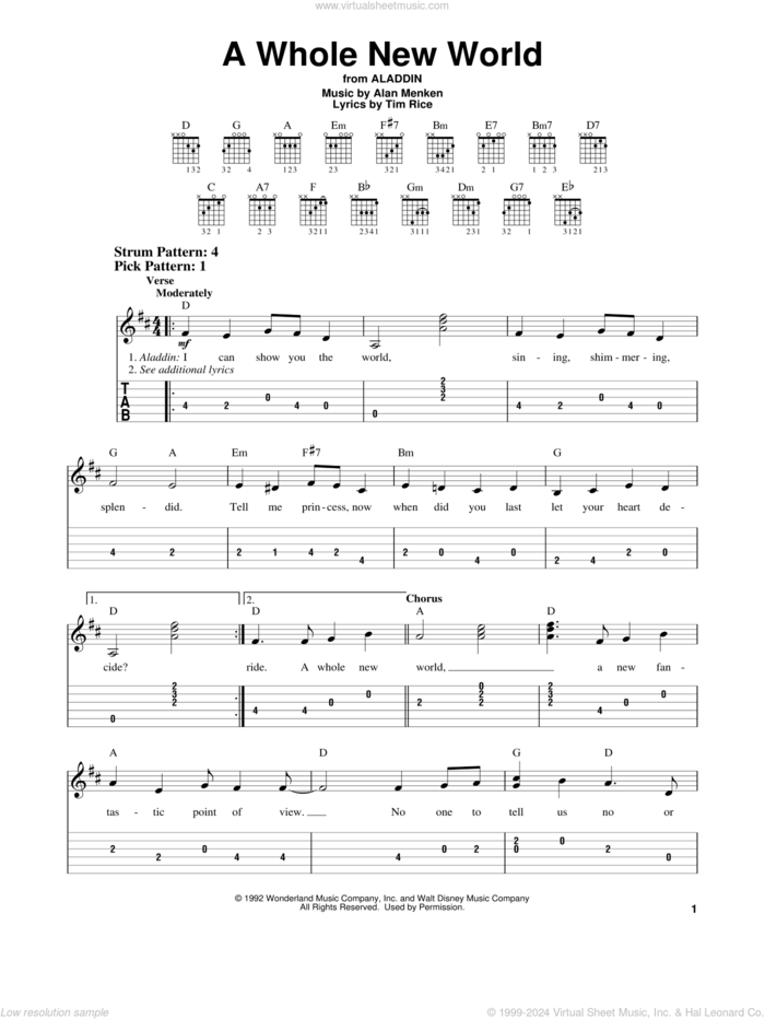 A Whole New World (from Aladdin) sheet music for guitar solo (easy tablature) by Tim Rice, Alan Menken and Alan Menken & Tim Rice, wedding score, easy guitar (easy tablature)