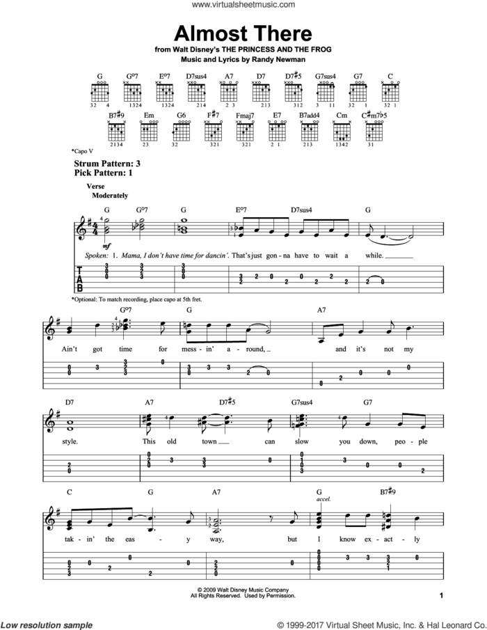 Almost There (from The Princess and the Frog) sheet music for guitar solo (easy tablature) by Randy Newman, easy guitar (easy tablature)