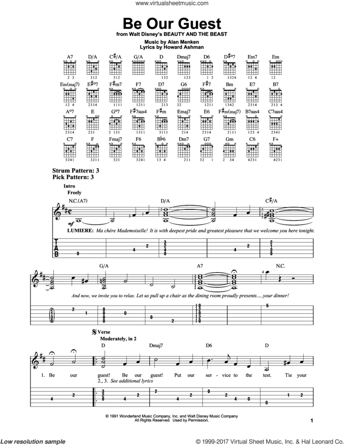 Be Our Guest (from Beauty And The Beast) sheet music for guitar solo (easy tablature) by Howard Ashman, Alan Menken and Alan Menken & Howard Ashman, easy guitar (easy tablature)