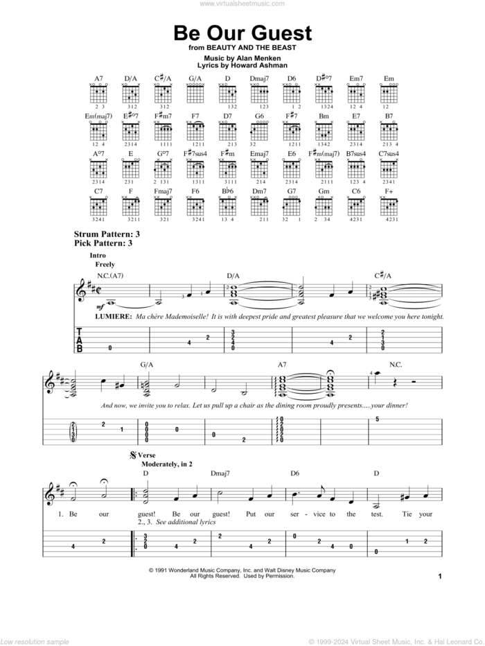 Be Our Guest (from Beauty And The Beast) sheet music for guitar solo (easy tablature) by Howard Ashman, Alan Menken and Alan Menken & Howard Ashman, easy guitar (easy tablature)