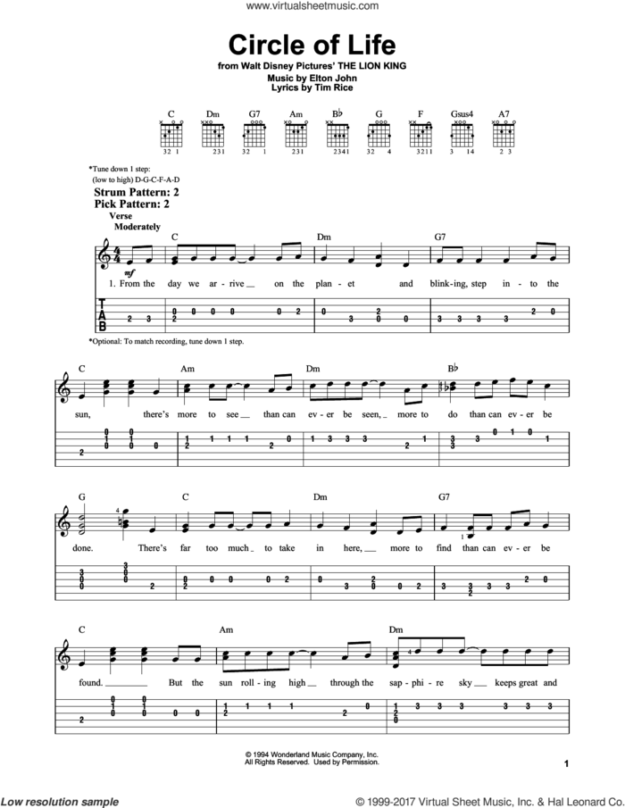 Circle Of Life (from The Lion King) sheet music for guitar solo (easy tablature) by Elton John and Tim Rice, easy guitar (easy tablature)