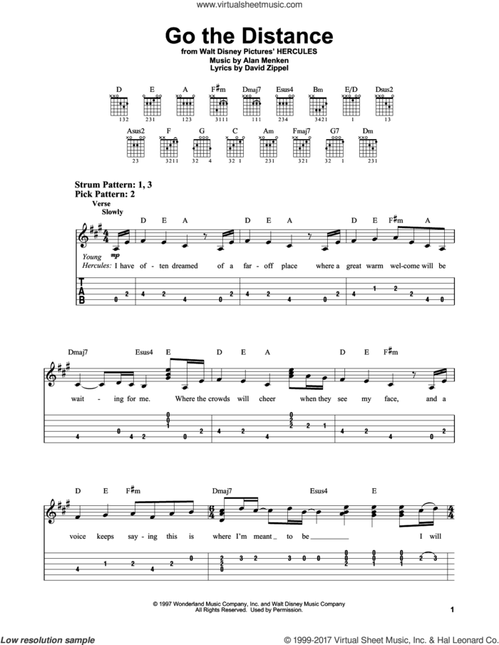 Go The Distance (from Hercules) sheet music for guitar solo (easy tablature) by Alan Menken & David Zippel, Michael Bolton, Alan Menken and David Zippel, easy guitar (easy tablature)