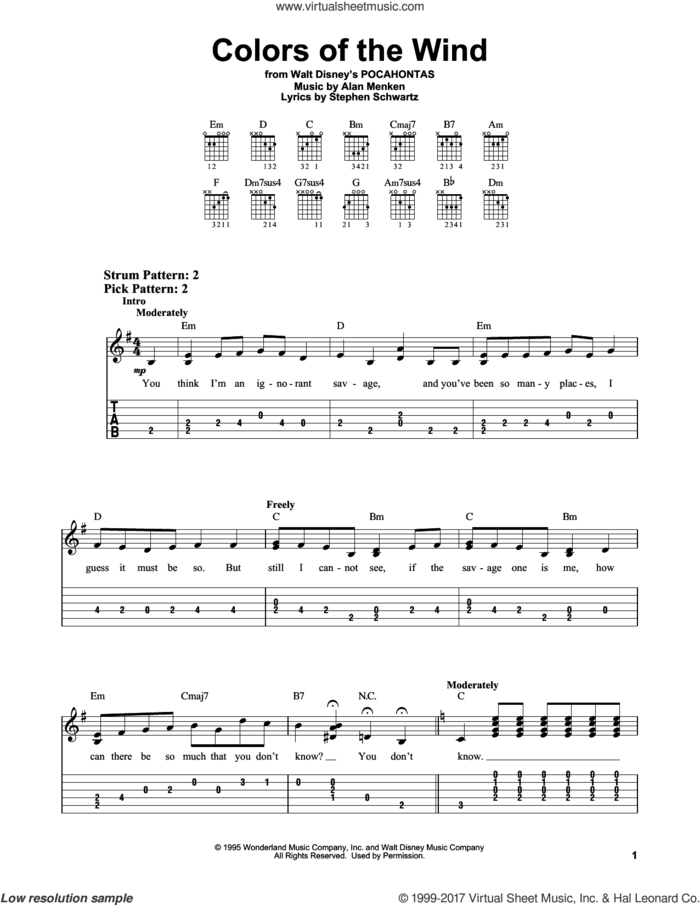 Colors Of The Wind (from Pocahontas) sheet music for guitar solo (easy tablature) by Vanessa Williams, Alan Menken and Stephen Schwartz, easy guitar (easy tablature)