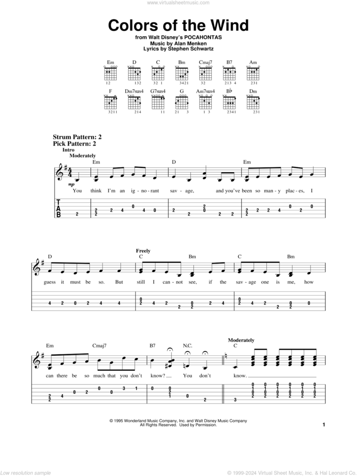 Colors Of The Wind (from Pocahontas) sheet music for guitar solo (easy tablature) by Vanessa Williams, Alan Menken and Stephen Schwartz, easy guitar (easy tablature)