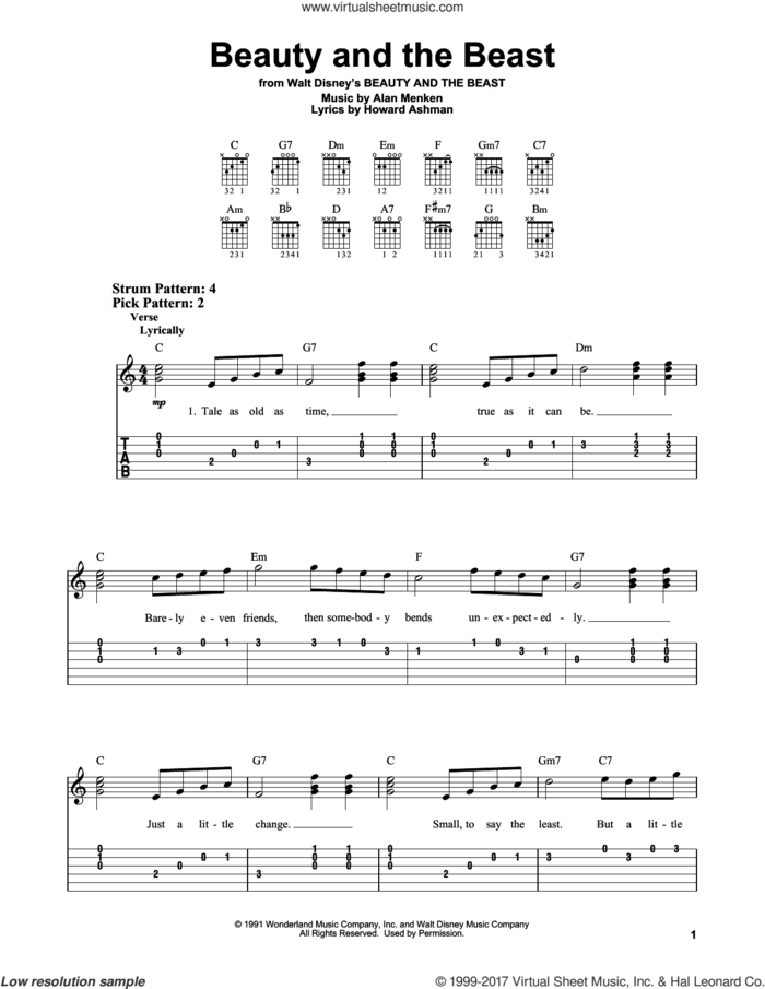 Beauty And The Beast sheet music for guitar solo (easy tablature) by Celine Dion & Peabo Bryson, Alan Menken and Howard Ashman, easy guitar (easy tablature)