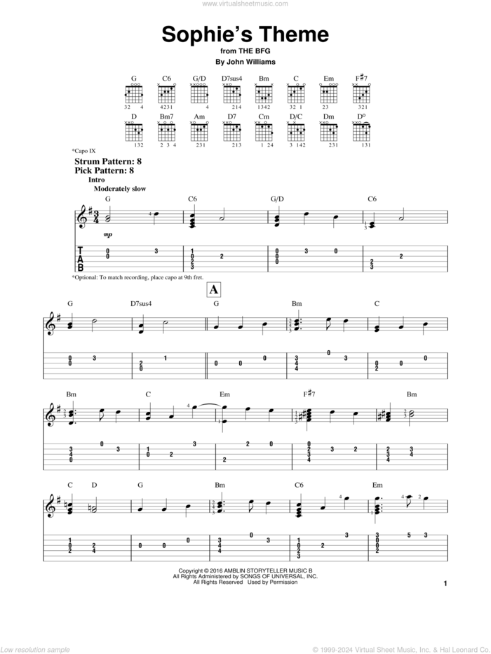 Sophie's Theme sheet music for guitar solo (easy tablature) by John Williams, easy guitar (easy tablature)