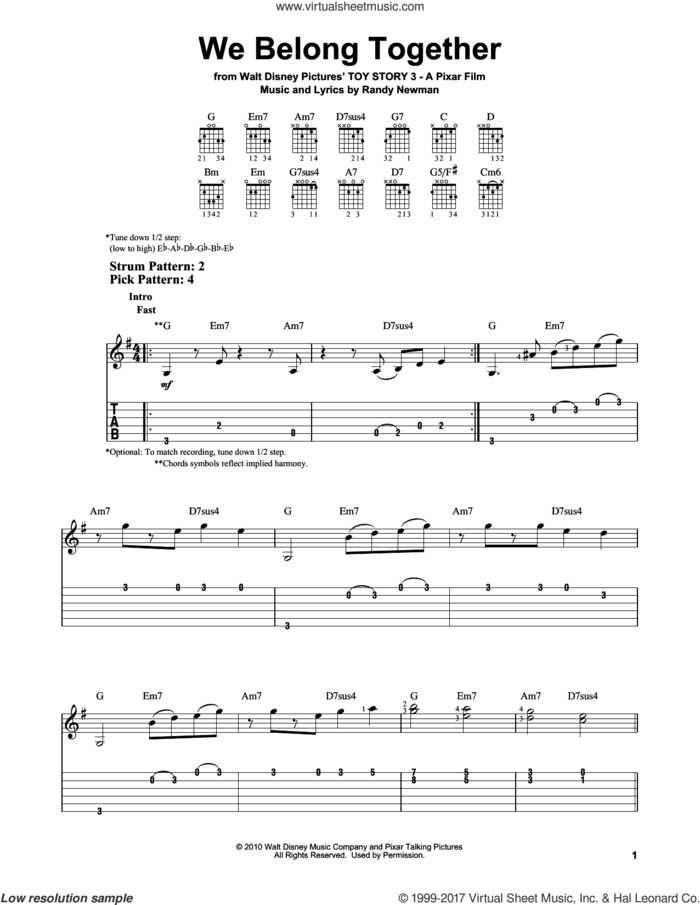 We Belong Together (from Toy Story 3) sheet music for guitar solo (easy tablature) by Randy Newman, easy guitar (easy tablature)