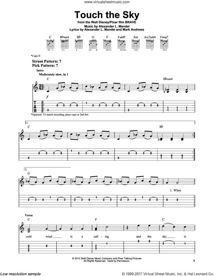 Touch The Sky (From Brave) sheet music for guitar solo (easy tablature) by Julie Fowlis, Alexander L. Mandel and Mark Andrews, easy guitar (easy tablature)