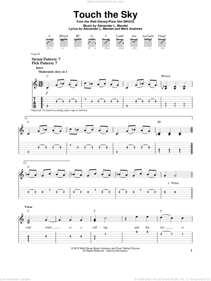 Touch The Sky (From Brave) sheet music for guitar solo (easy tablature) by Julie Fowlis, Alexander L. Mandel and Mark Andrews, easy guitar (easy tablature)