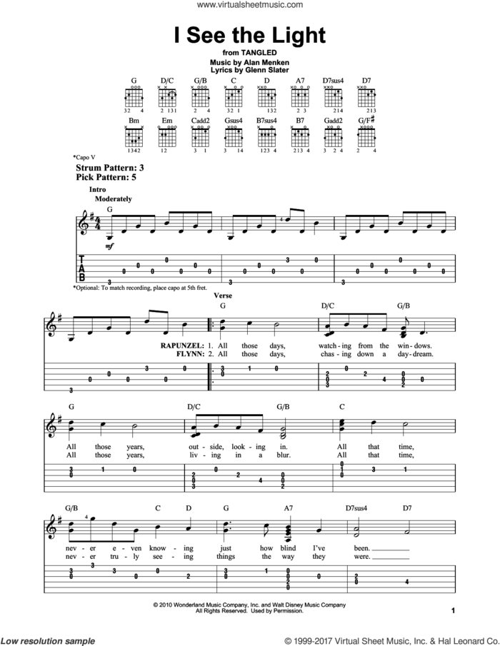I See The Light (from Tangled) sheet music for guitar solo (easy tablature) by Alan Menken and Glenn Slater, easy guitar (easy tablature)