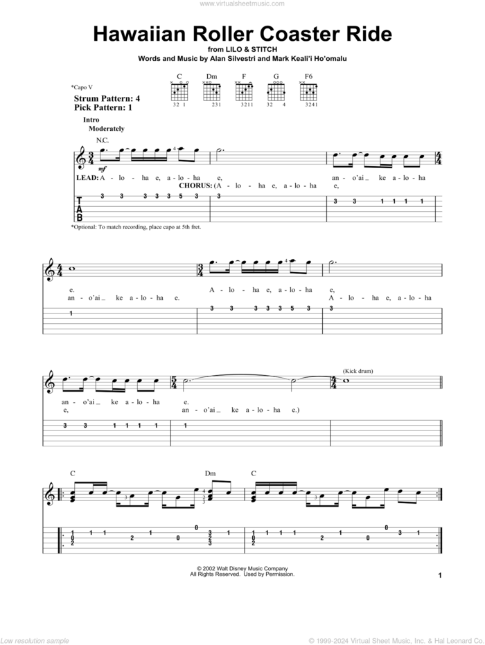 Hawaiian Roller Coaster Ride sheet music for guitar solo (easy tablature) by Mark Keali'i Ho'omalu and Alan Silvestri, easy guitar (easy tablature)