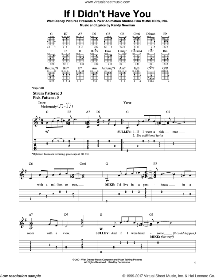 If I Didn't Have You (from Monsters, Inc.) sheet music for guitar solo (easy tablature) by Billy Crystal and John Goodman and Randy Newman, easy guitar (easy tablature)