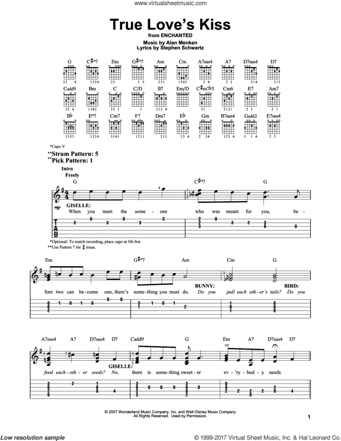 True Love's Kiss (from Enchanted) sheet music for guitar solo (easy tablature) by Amy Adams, Alan Menken and Stephen Schwartz, easy guitar (easy tablature)
