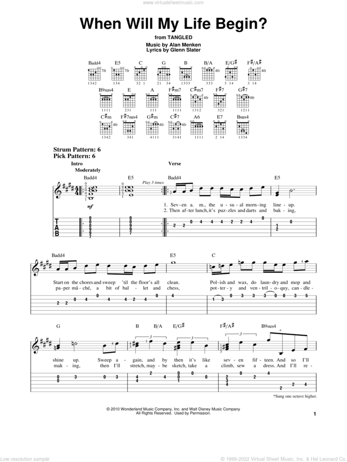 When Will My Life Begin? (from Tangled) sheet music for guitar solo (easy tablature) by Mandy Moore, Alan Menken and Glenn Slater, easy guitar (easy tablature)