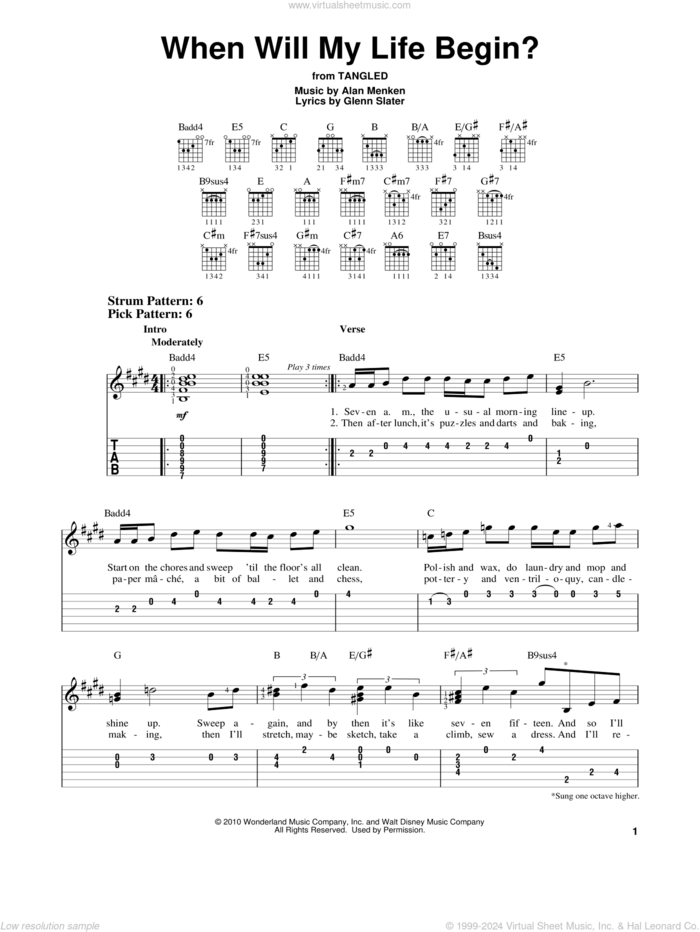 When Will My Life Begin? (from Tangled) sheet music for guitar solo (easy tablature) by Mandy Moore, Alan Menken and Glenn Slater, easy guitar (easy tablature)