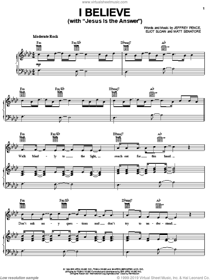 I Believe sheet music for voice, piano or guitar by Blessid Union Of Souls, Eliot Sloan, Jeffrey Pence and Matt Senatore, intermediate skill level