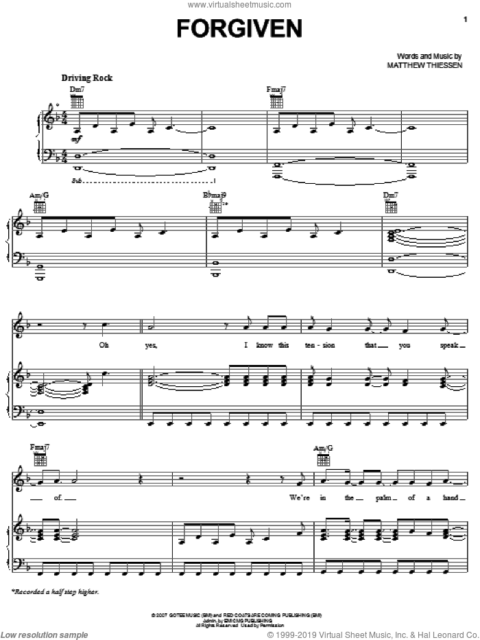 Forgiven sheet music for voice, piano or guitar by Relient K and Matthew Thiessen, intermediate skill level