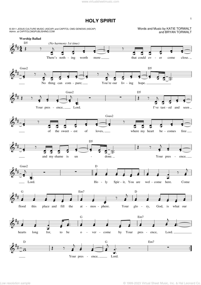 Holy Spirit sheet music for voice and other instruments (fake book) by Francesca Battistelli, Bryan Torwalt and Katie Torwalt, intermediate skill level