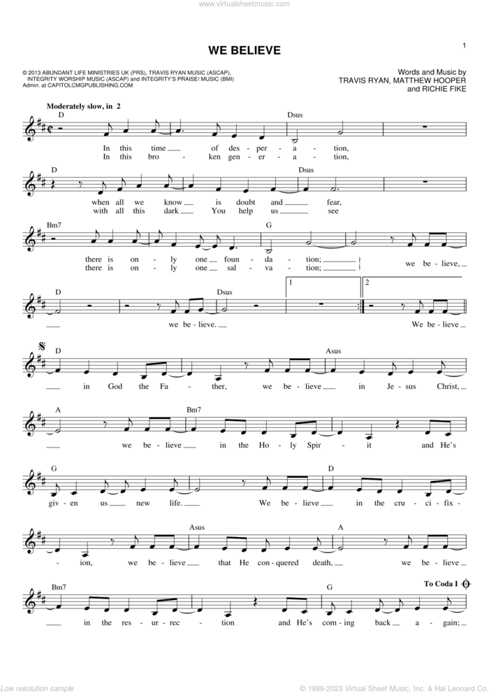 We Believe sheet music for voice and other instruments (fake book) by Newsboys, Matthew Hooper, Richie Fike and Travis Ryan, intermediate skill level