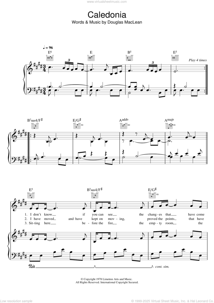 Caledonia sheet music for voice, piano or guitar by Dougie Maclean and Douglas MacLean, intermediate skill level