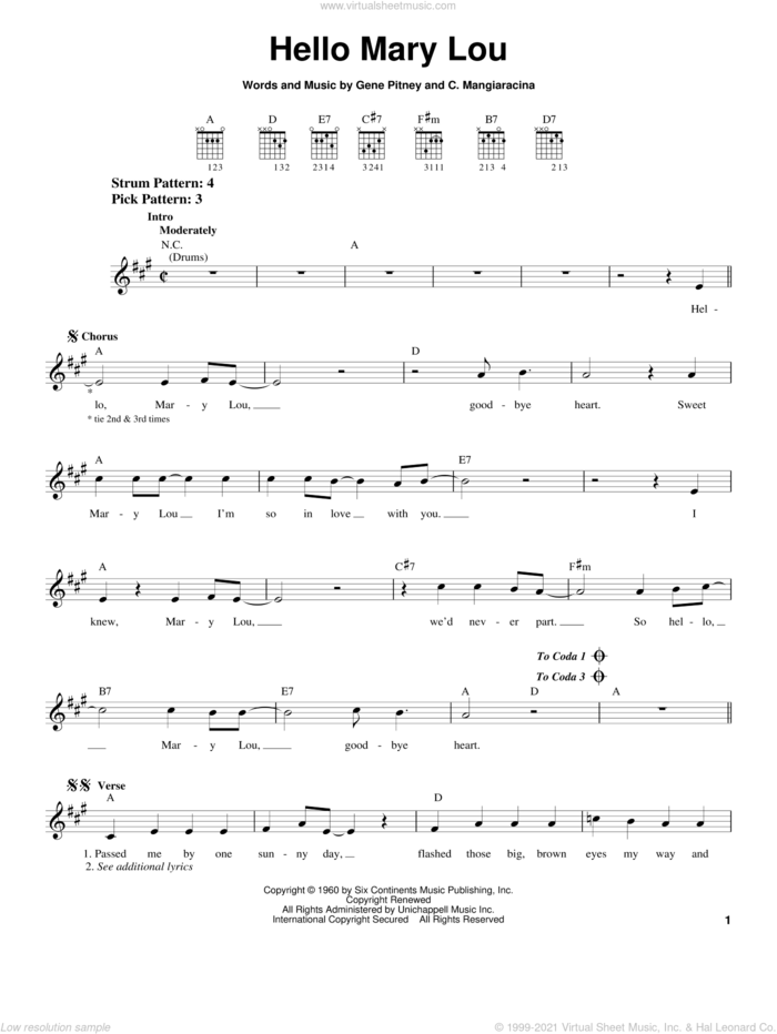Hello Mary Lou sheet music for guitar solo (chords) by Ricky Nelson, Creedence Clearwater Revival, The Statler Brothers, C. Mangiaracina and Gene Pitney, easy guitar (chords)