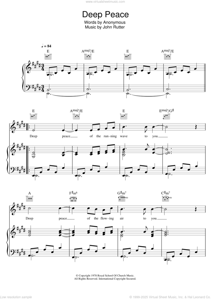 Deep Peace sheet music for voice, piano or guitar by Aled Jones, Anonymous and John Rutter, intermediate skill level