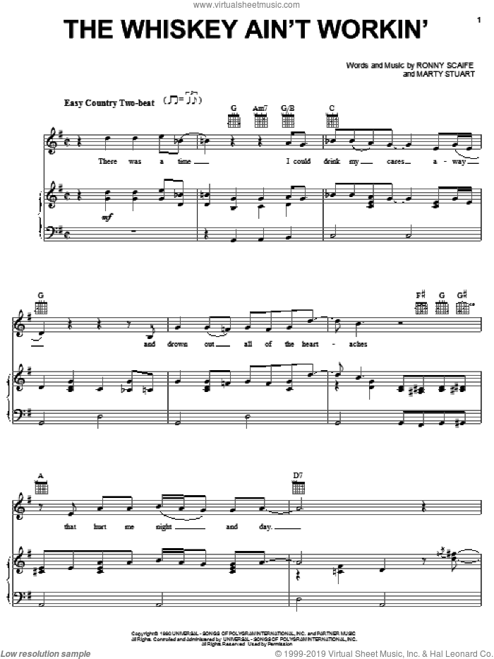 The Whiskey Ain't Workin' sheet music for voice, piano or guitar by Travis Tritt and Marty Stuart, Travis Tritt, Marty Stuart and Ronny Scaife, intermediate skill level