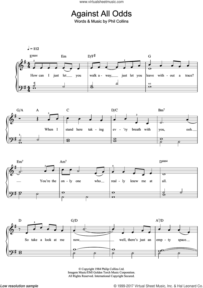 Against All Odds (Take A Look At Me Now) sheet music for piano solo (beginners) by Phil Collins, beginner piano (beginners)