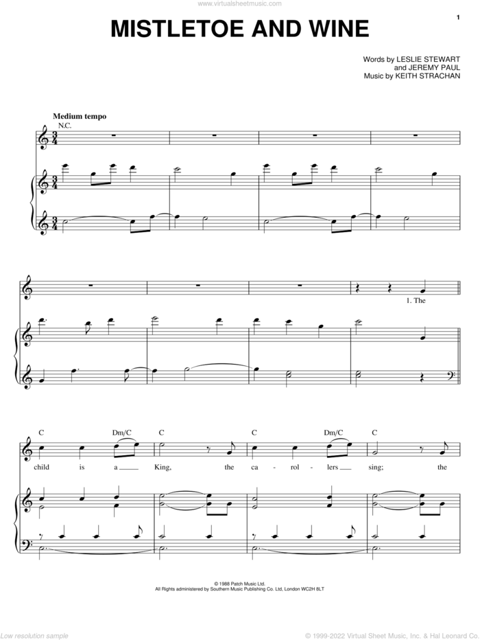 Mistletoe And Wine sheet music for voice, piano or guitar by Cliff Richard, Jeremy Solomons, Keith Strachan and Leslie Stewart, intermediate skill level