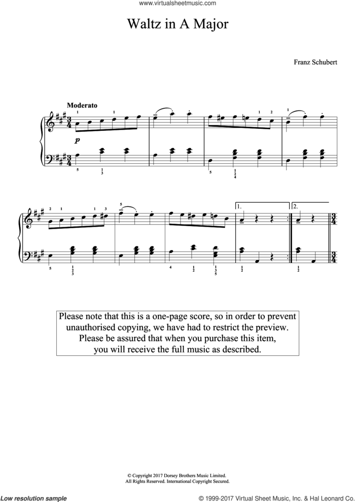 Waltz In A Major sheet music for piano solo by Franz Schubert, classical score, easy skill level