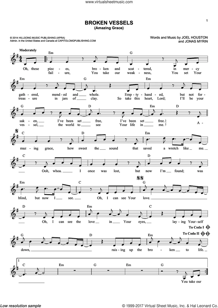 Broken Vessels (Amazing Grace) sheet music for voice and other instruments (fake book) by Joel Houston, Hillsong Worship and Jonas Myrin, intermediate skill level