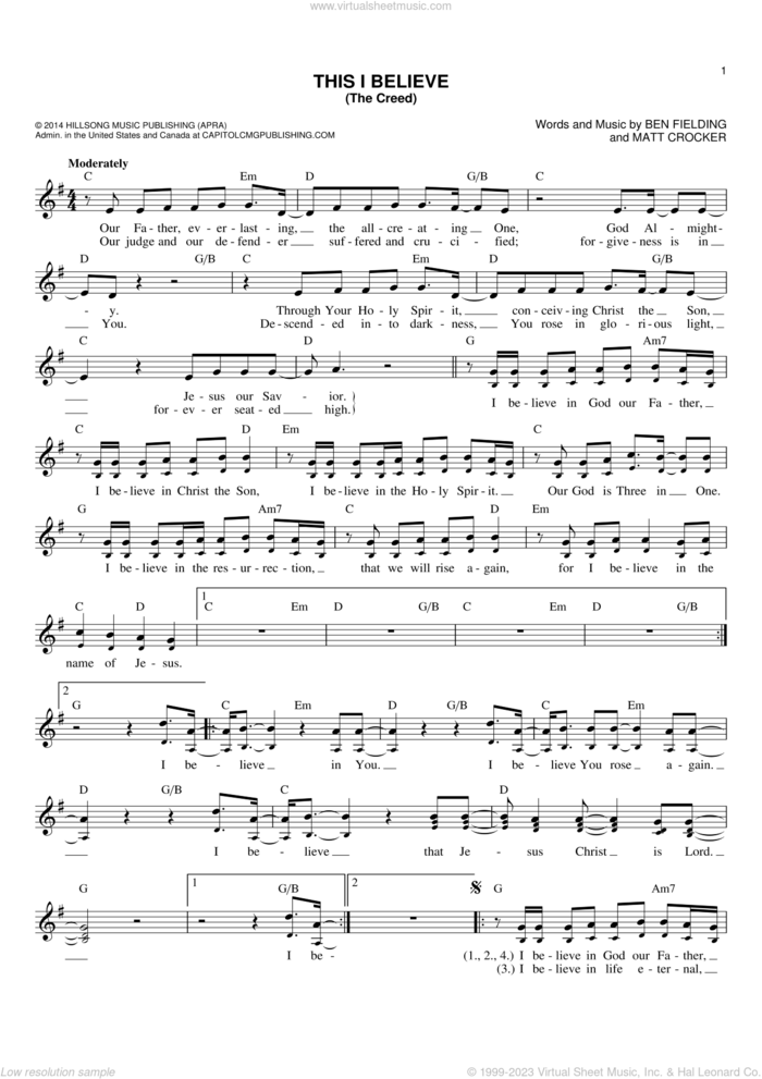 This I Believe (The Creed) sheet music for voice and other instruments (fake book) by Hillsong Worship, Ben Fielding and Matt Crocker, intermediate skill level