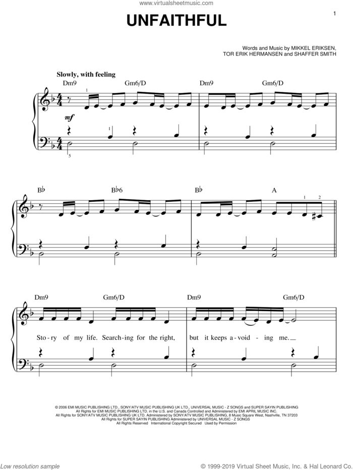 Unfaithful sheet music for piano solo by Rihanna, Mikkel Eriksen, Shaffer Smith and Tor Erik Hermansen, easy skill level