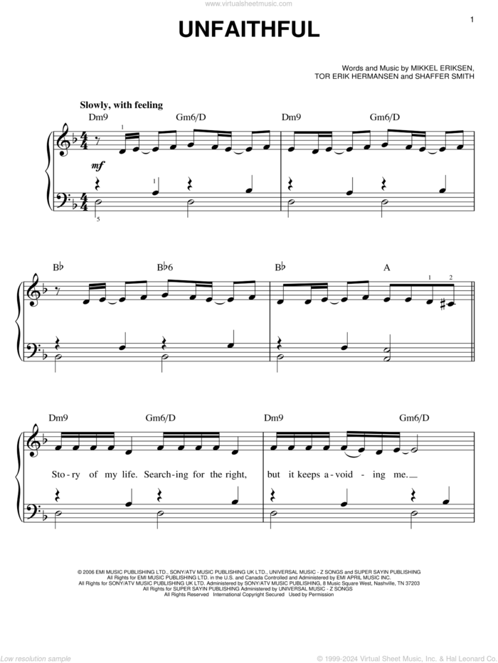 Unfaithful, (easy) sheet music for piano solo by Rihanna, Mikkel Eriksen, Shaffer Smith and Tor Erik Hermansen, easy skill level