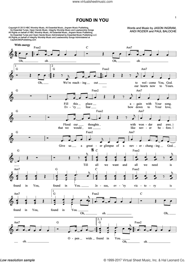 Found In You sheet music for voice and other instruments (fake book) by Paul Baloche, Andi Rozier and Jason Ingram, intermediate skill level