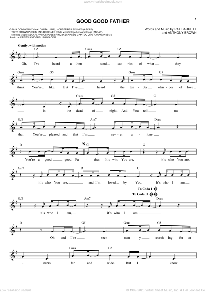 Good Good Father sheet music for voice and other instruments (fake book) by Pat Barrett, Chris Tomlin and Anthony Brown, intermediate skill level
